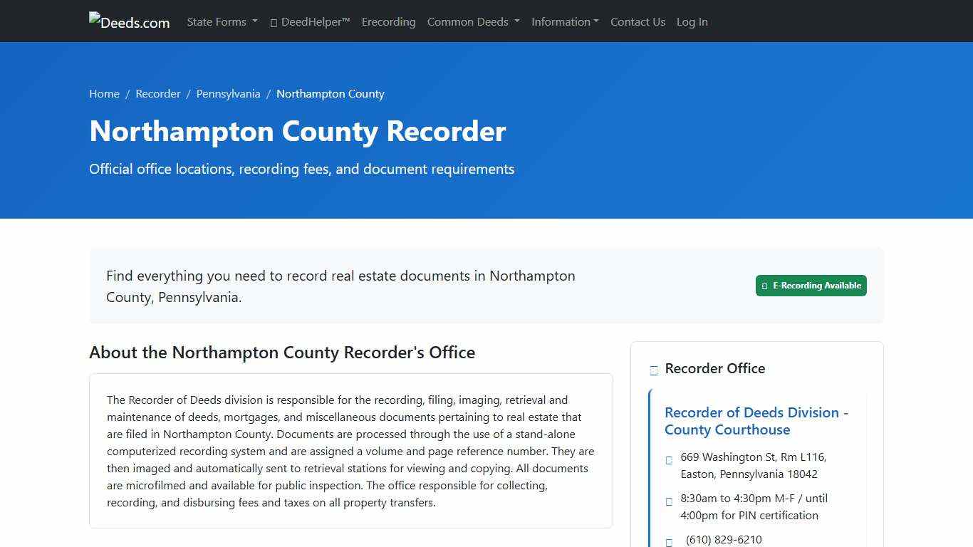 Northampton County Recorder Information, Pennsylvania - Deeds.com