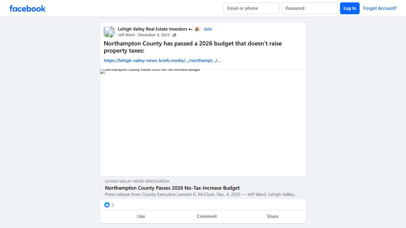 Lehigh Valley Real Estate Investors 🗝 🏠 Northampton County has passed a 2026 budget that doesn’t raise property taxes: Facebook